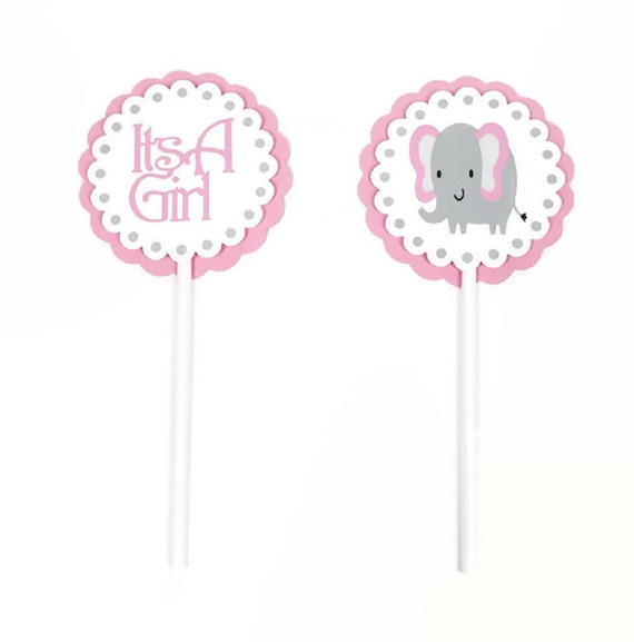 Baby Girl Elephant Cupcake Toppers Pink & Gray Polka Dot Baby Shower Party Decorations Girl Elephant Cupcake Picks Il_570xn