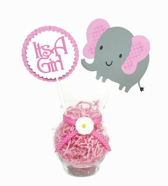 Its A Girl Elephant Baby Shower Centerpiece Sticks Girl, Pink Plaid Elephant Cake Topper, Baby Shower Decor Elephant Baby Shower Centerpiece Il_570xn