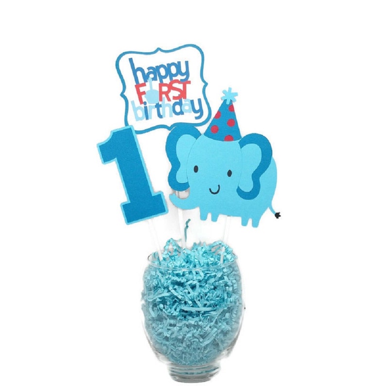 Elephant First Birthday Centerpiece Sticks, Baby Boy 1st Birthday Party Decorations, Blue Elephant Cake Toppers image 1