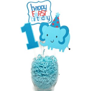 Elephant First Birthday Centerpiece Sticks, Baby Boy 1st Birthday Party Decorations, Blue Elephant Cake Toppers image 3