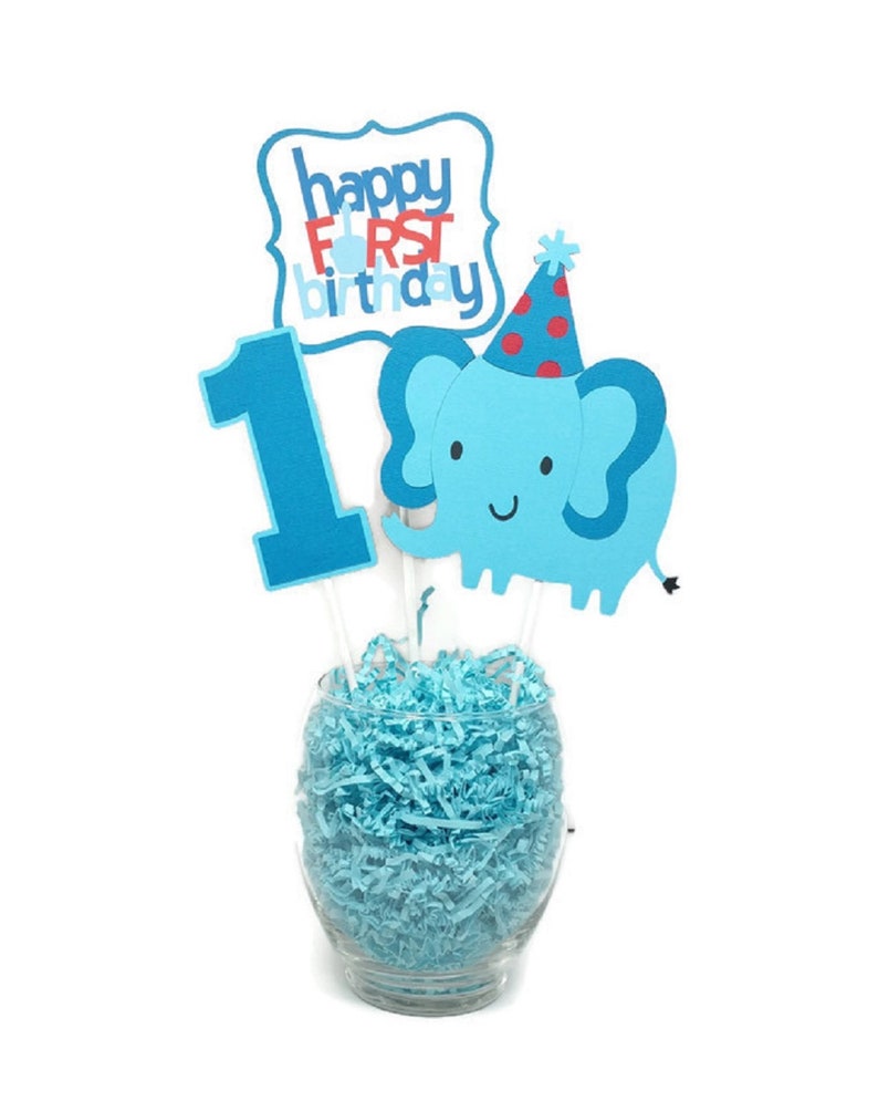 Elephant First Birthday Centerpiece Sticks, Baby Boy 1st Birthday Party Decorations, Blue Elephant Cake Toppers image 3