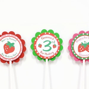 Strawberry Cupcake Toppers, Berry Sweet Cupcake Picks, Girl Birthday Party Decorations Personalized image 1