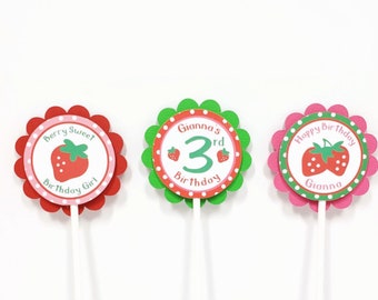 Strawberry Cupcake Toppers, Berry Sweet Cupcake Picks, Girl Birthday Party Decorations Personalized