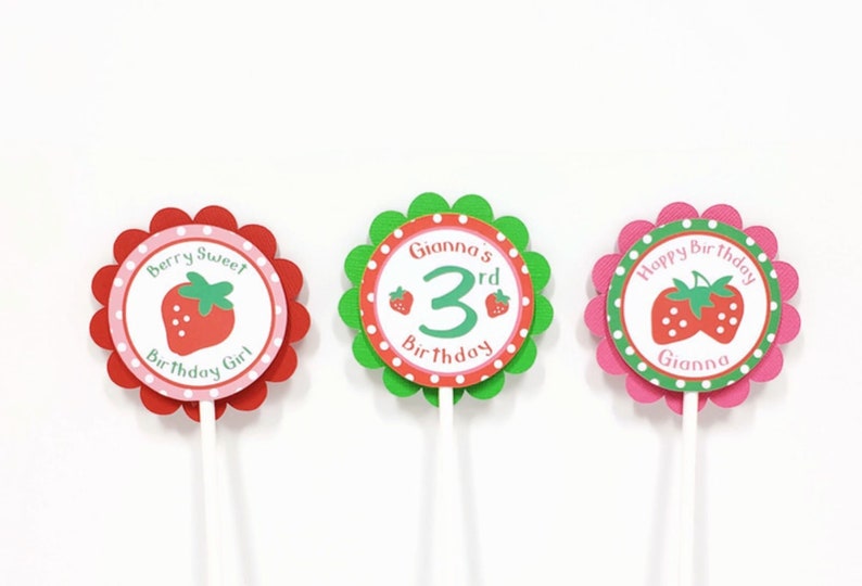 Strawberry Cupcake Toppers, Berry Sweet Cupcake Picks, Girl Birthday Party Decorations Personalized image 1