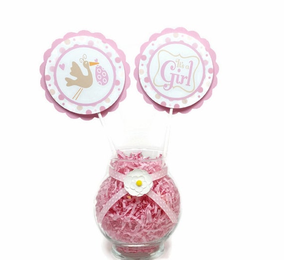 Stork Bundle Baby Girl Shower Centerpiece Sticks Stork Baby Cake Toppers Pink Its A Girl Centerpiece Il_570xn
