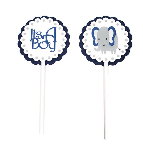 Baby Boy Elephant Cupcake Toppers Navy Blue & Gray Polka Dot Baby Shower Party Decorations Boy Elephant Cupcake Picks Il_570xn