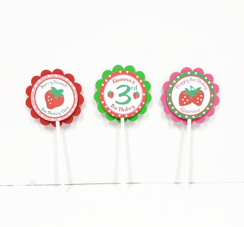 Strawberry Cupcake Toppers, Berry Sweet Cupcake Picks, Girl Birthday Party Decorations Personalized image 5