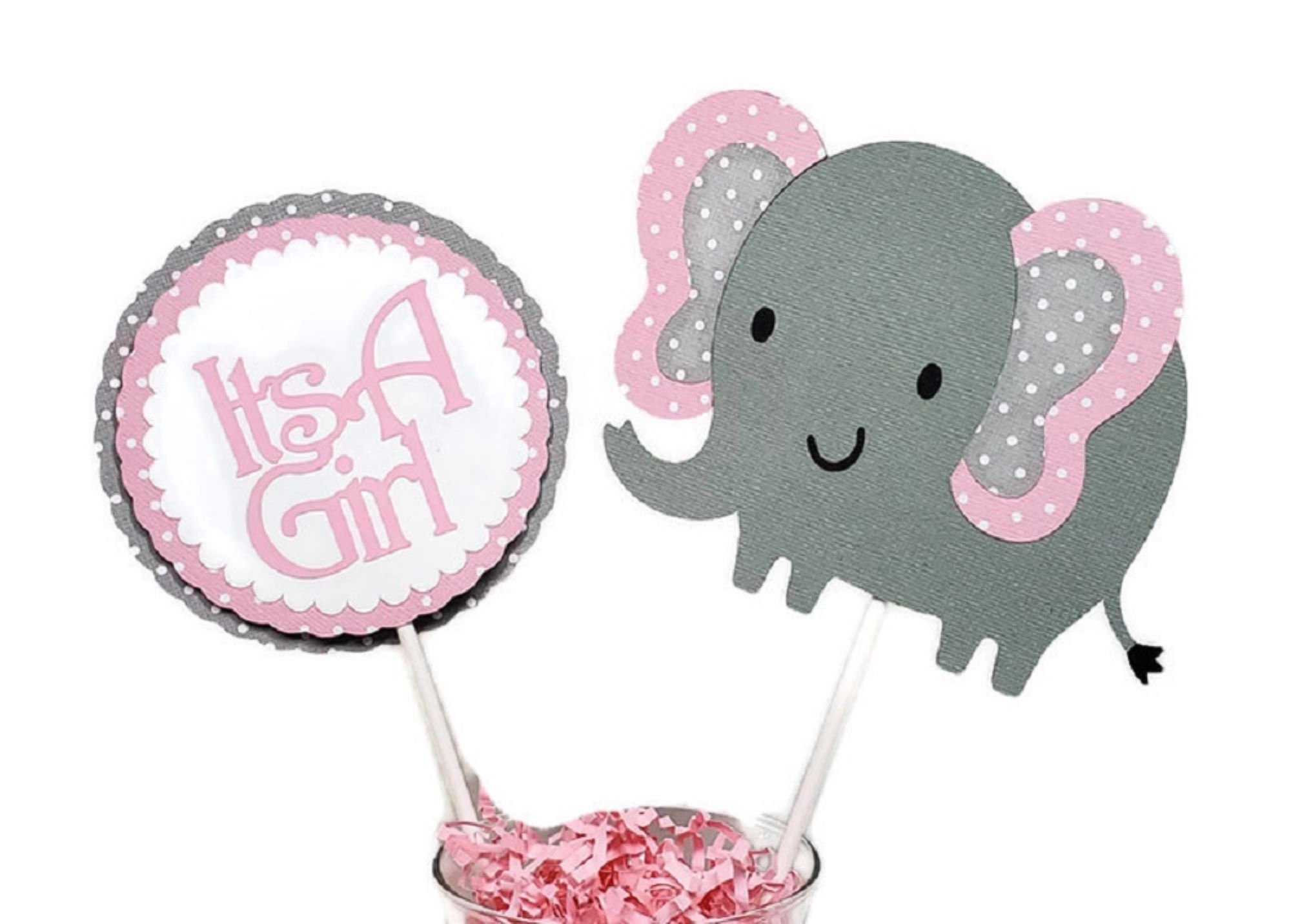 Girl Elephant Baby Shower Centerpiece Sticks, Cake Toppers, Pink
