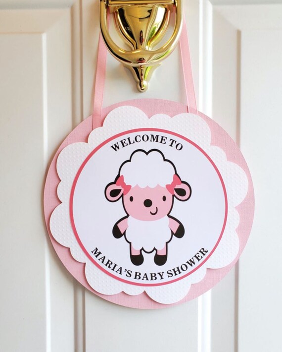 Baby Girl Sheep Lamb Door Sign Hanger, Pink & White Baby Shower Welcome Sign, Farm Animal Party Decoration Personalized Il_570xn