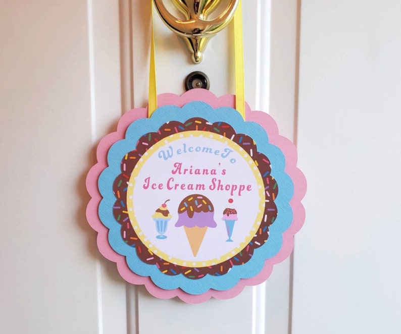 Ice Cream Door Sign, Girl Summer Birthday Party Welcome Sign, Ice Cream Door Hanger Party Decoration Personalized image 2