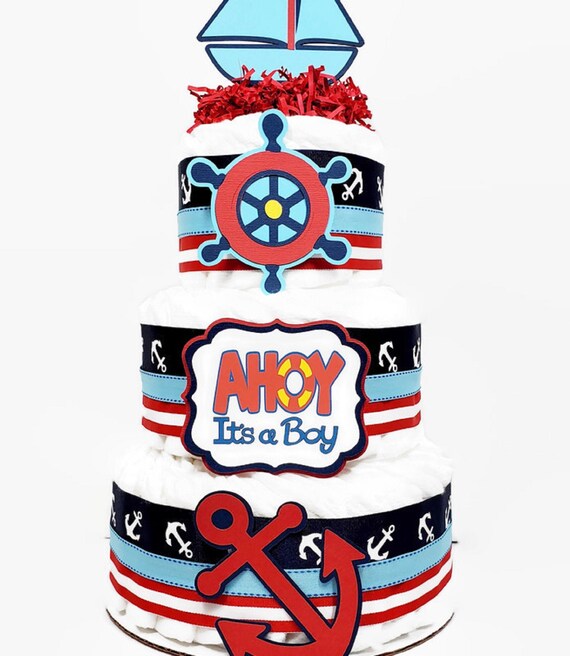 Nautical Diaper Cake, Ahoy It's A Boy Nautical Baby Shower Centerpiece with Sailboat, Ship Wheel, Anchors, Boy Nautical Party Decoration Il_570xn