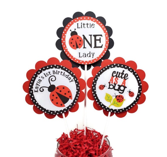 Ladybug First Birthday Centerpiece Sticks Baby Girl 1st Birthday Decorations Red & Black Cute As A Bug Little Lady Party Decor Personalized Il_570xn