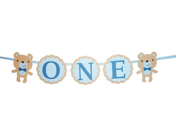 Baby Boy Teddy Bear High Chair Birthday Banner 1st Birthday Boy Party Decoration Blue & Beige Party Banner Il_570xn
