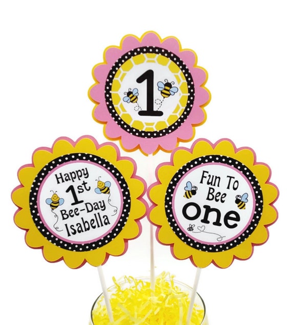 Bumble Bee 1st Birthday Centerpiece Sticks, Baby Girl First Bee Day Party Decorations, Fun to Bee One Birthday, Set of 3 Personalized Il_570xn
