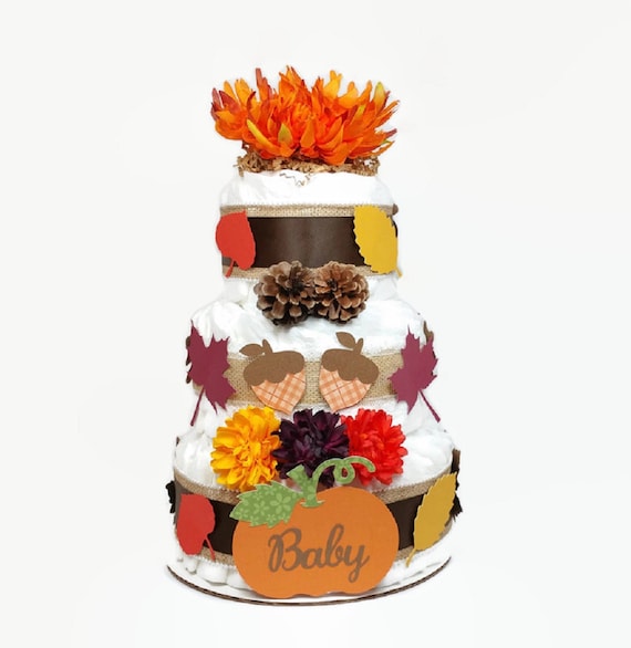 Fall Diaper Cake Baby Shower Centerpiece Gender Neutral Baby Diaper Cake With Autumn Leaves, Pumpkin, Acorns, Pine Cones, Orange Flower Il_570xn