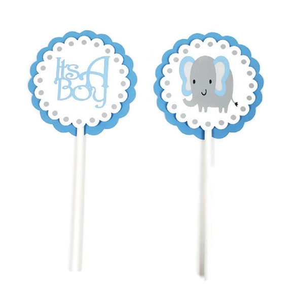 Baby Boy Elephant Cupcake Toppers Blue & Gray Polka Dot Baby Shower Party Decorations Boy Elephant Cupcake Picks Il_570xn