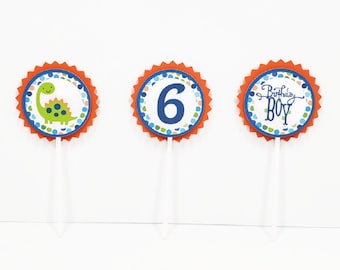 Dinosaur Birthday Cupcake Toppers, Green, Blue & Orange Reptile Cupcake Picks, Boy Birthday Party Decorations Personalized with Age