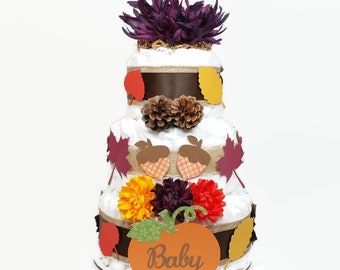 Gender Neutral Fall Baby Shower Diaper Cake Baby Shower Centerpiece Purple Fall Diaper Cake With Autumn Leaves, Pumpkin, Acorns & Pine Cones