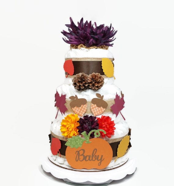 Gender Neutral Fall Baby Shower Diaper Cake Baby Shower Centerpiece Purple Fall Diaper Cake With Autumn Leaves, Pumpkin, Acorns & Pine Cones Il_570xn