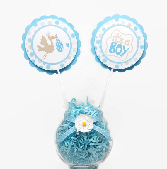 Stork Bundle Boy Baby Shower Centerpiece Sticks Stork Baby Cake Toppers Blue Tan Polka Dots Its A Boy Centerpiece Cake Toppers Il_570xn
