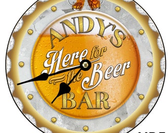 Here For The Beer Beer O'CLOCK Large 30 cm MDF Wooden Wall Clock Bar Pub Man Cave Can be personalised