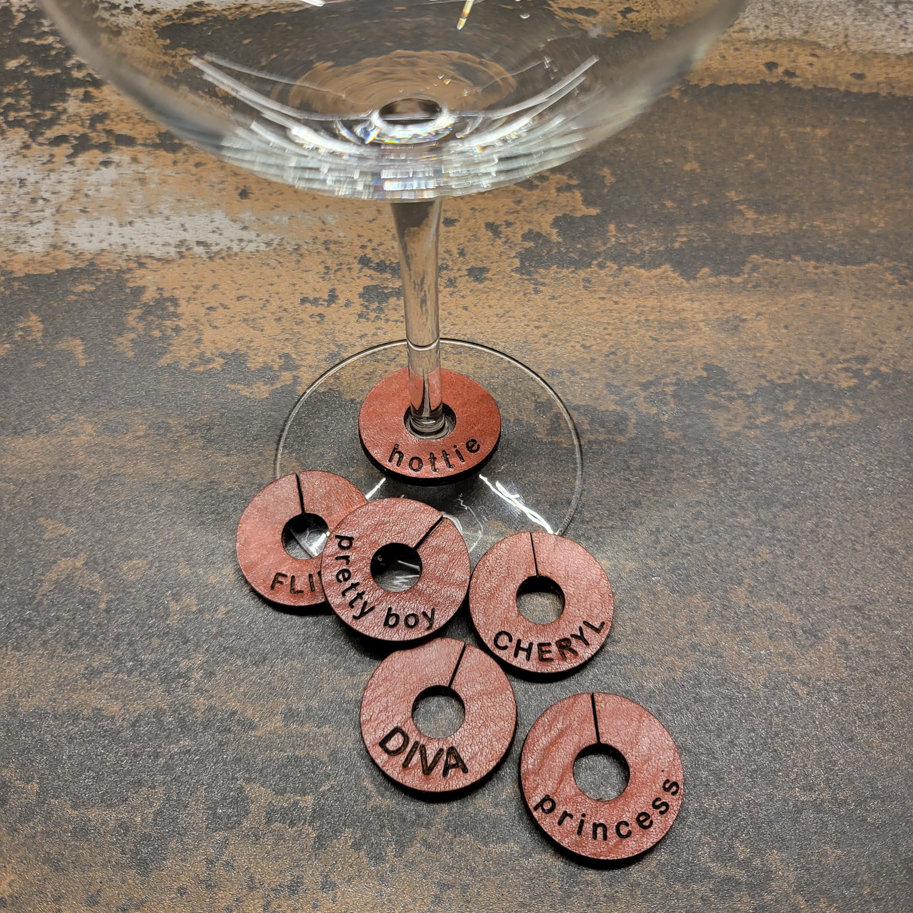 Leather Drinkware Charms Personalized Wine Charms Recycled image pic photo