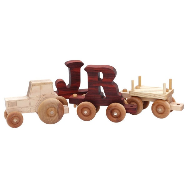 Wood Tractor Wagon Train | Handcrafted Toy Train | Customize Train with Name Letters Symbols Saying | Exotic Hard & Soft Woods | Toy Decor