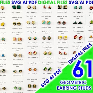 Puede incluir: 61 archivos digitales para pendientes geométricos en formatos SVG, AI y PDF. Los diseños presentan diversas formas geométricas y combinaciones de colores, incluyendo círculos, cuadrados, triángulos y más.