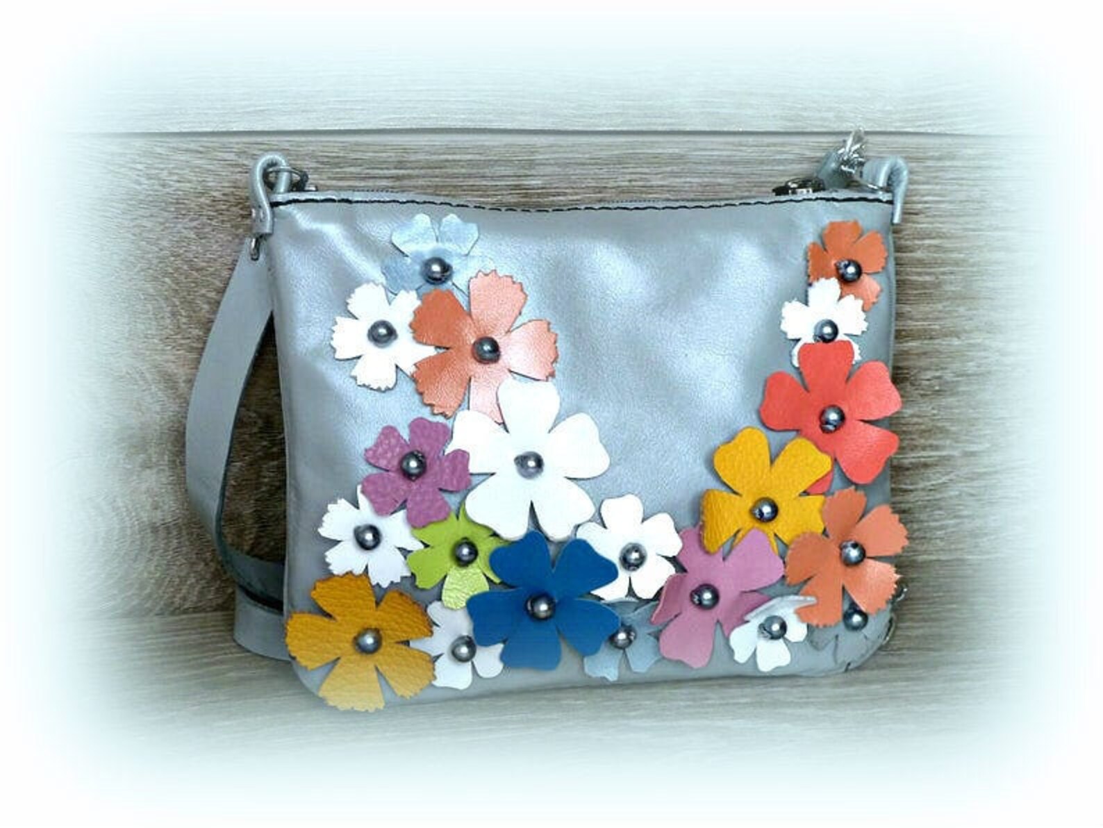 Leather handbag applique flowers. Small shoulder bag. Mini Etsy