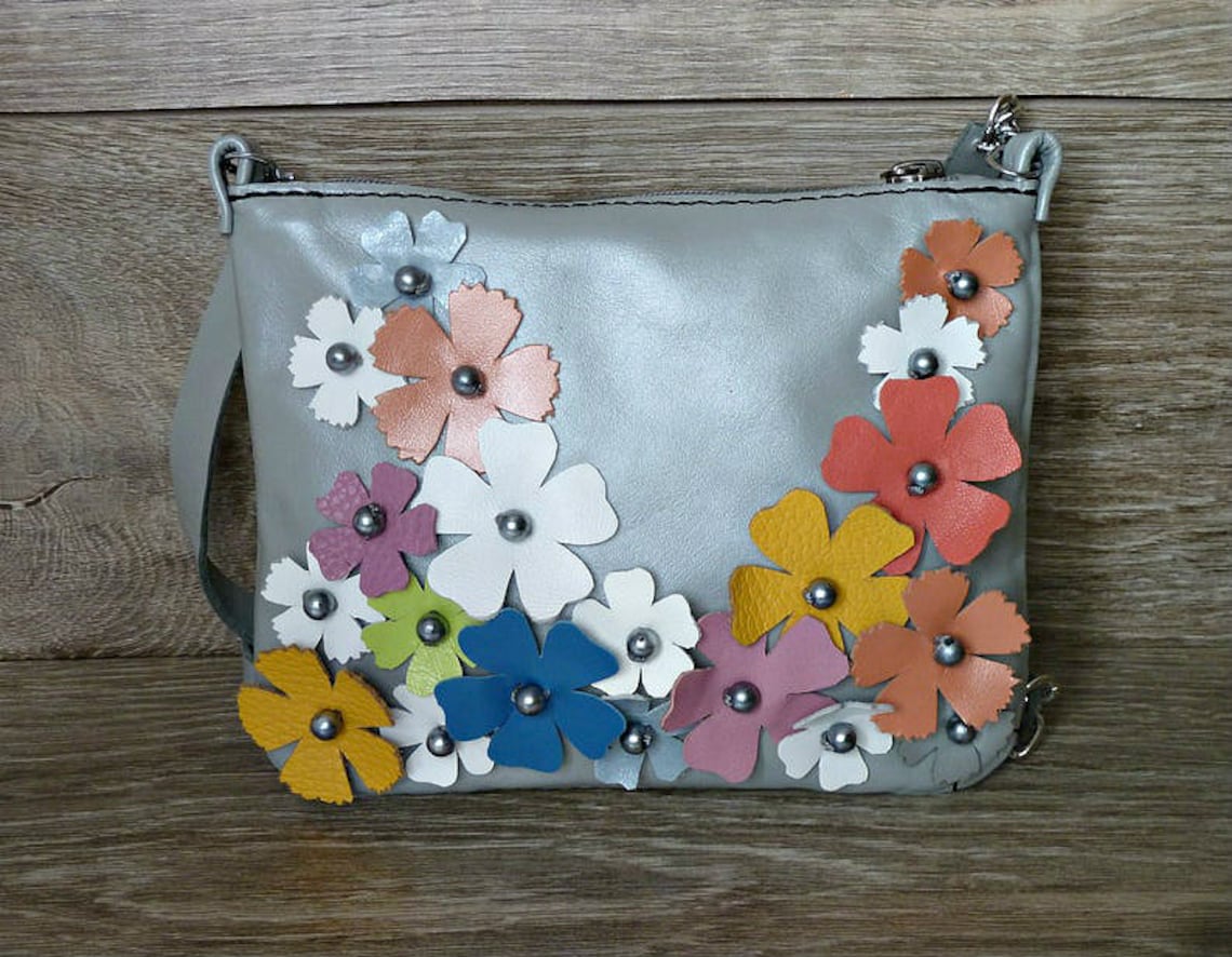 Leather handbag applique flowers. Small shoulder bag. Mini Etsy