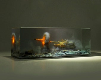 Harz Skulptur US Panzer Explosion Kanonenkugel schießen Krieg Fallout Szene Lampe Für ihn Einzigartige Diorama Geschenke Kunst Sammlerstücke Miniatur Landschaft