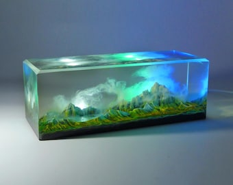 epoxy resin lamp  Diorama sculpture Fantasy Night light snow mountain clouds sky lake Natural landscape unique gifts art miniature landscape
