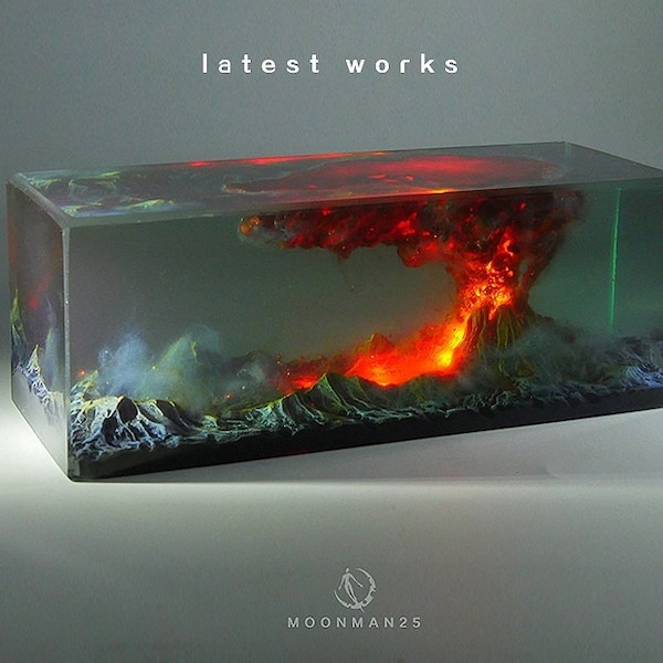 resin sculpture Volcano eruption magma mountains For her him Unique Night light Natural landscape Diorama gifts art lamp miniature landscape