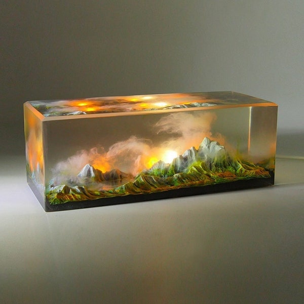 epoxy resin  sunrise sunset lamp Night light Diorama sculpture snow mountain clouds Natural landscape unique gifts art miniature landscape