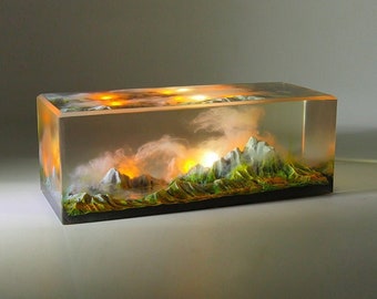 Epoxidharz Sonnenaufgang Sonnenuntergang Lampe Nachtlicht Diorama Skulptur Schnee Berg Wolken Naturlandschaft einzigartige Geschenke Kunst Miniaturlandschaft