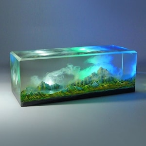 epoxy resin lamp  Diorama sculpture Fantasy Night light snow mountain clouds sky lake Natural landscape unique gifts art miniature landscape