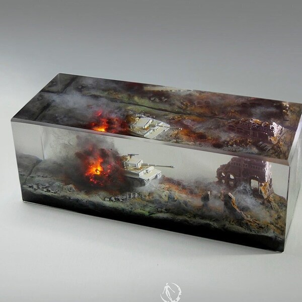 resin sculpture WW2 Tiger tank explosion war fallout scene Lamp cube For him Unique Diorama gifts art Collectibles miniature landscape