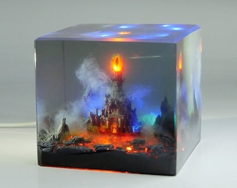 Harz Skulptur Barad Dur Lampe Auge von Sauron Lotr Herr Der Ringe Vulkan Magma Für ihn Diorama Geschenke Kunst Miniatur Landschaft