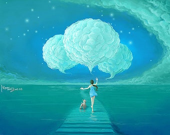 Painting, illustration, digital download, poster, original, digital painting, Sky, clouds, Home Decor Art, Fantasy, fairy tale, girl
