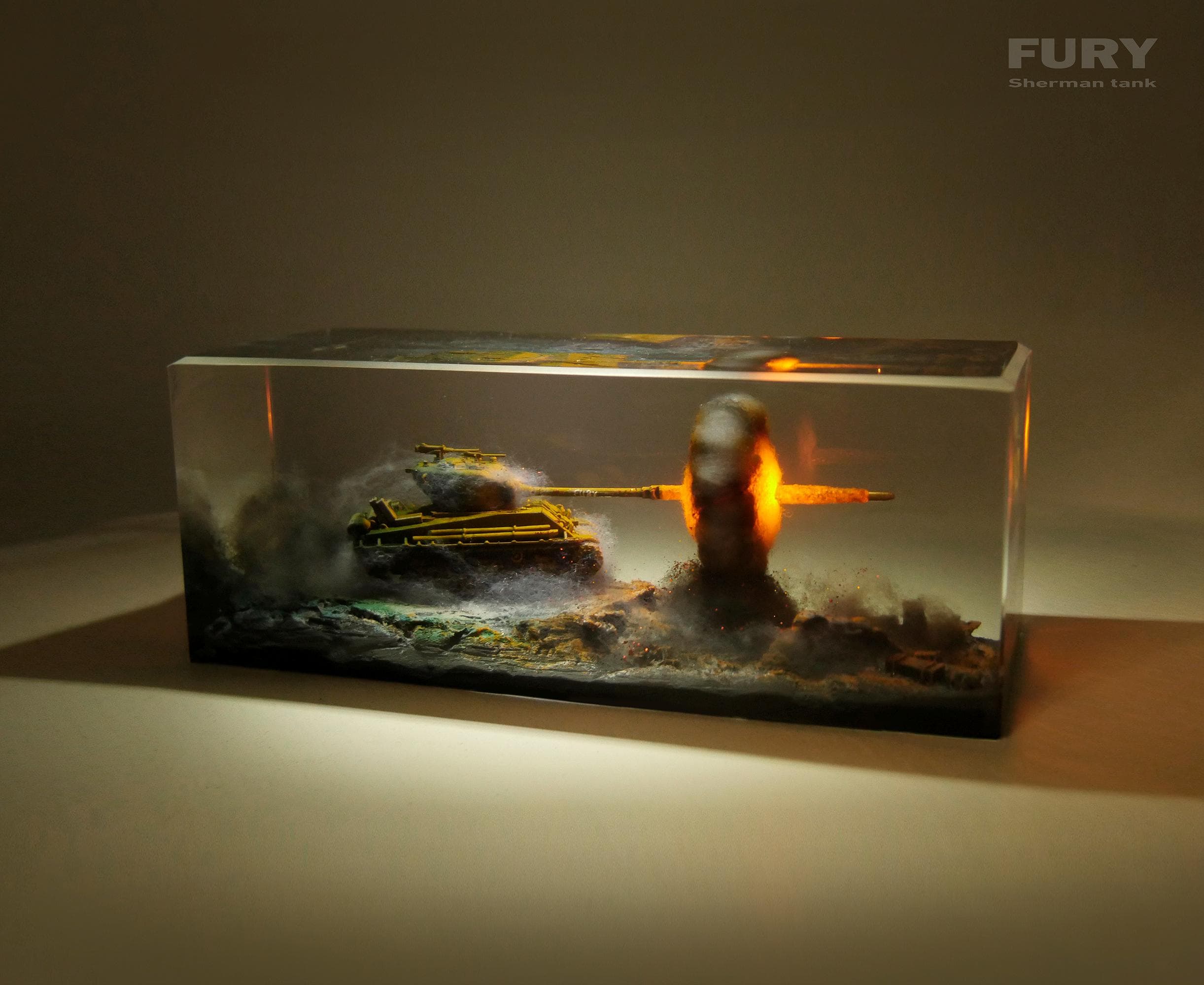 U.S. Sherman Fury Tank Resin Diorama Lamp - Handcrafted Military