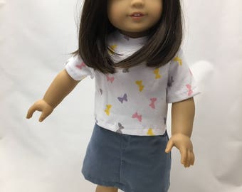 Doll top and knee-length skirt;  Fits 18-inch doll; 2 pc. outfit; Homemade and ready to ship