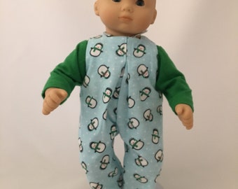 Fits 15 inch baby dolls;  2 pc outfit; shirt and romper; Handmade Ready to Ship