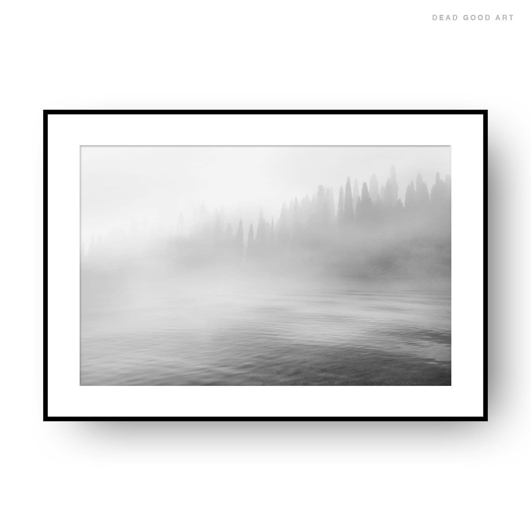 Misty Forest Lake Wall Decor Black and White Print Lake Etsy