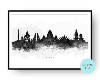 Bali Pen Line Print Silhouette Landmark Poster Minimalist Wall Art Indonesia Printable Wall Decor INSTANT DOWNLOAD Bali Skyline Print