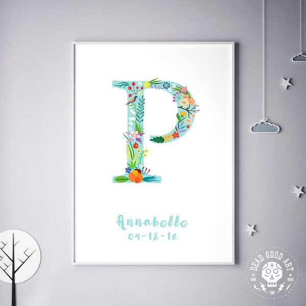 Personalized Art, Personalize Monogram, Floral Monogram, Penelope, Pamela, Patricia, Pandora, Paige, Peyton, Flower Art, Birthday