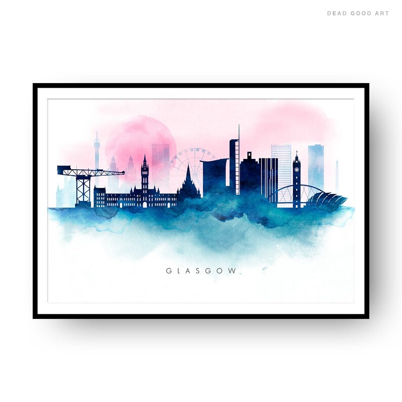 Glasgow Skyline Cityscape Art Print Wall Art Watercolor Etsy