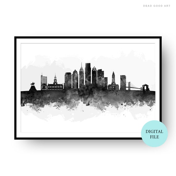 Philadelphia Skyline PRINTABLE Black & White Watercolour | Etsy