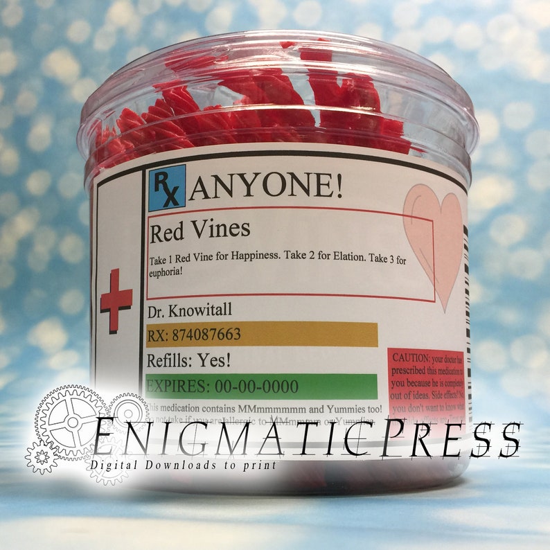 Editable Prescription Red Vines Labels with hearts fit Red Vine Tub, DIY PDF, instant digital download, home printable 