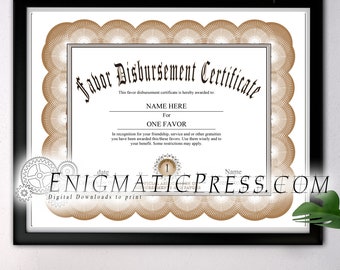 Favor disbursement certificate PDF with editable text, Home printable, digital download fun gift!