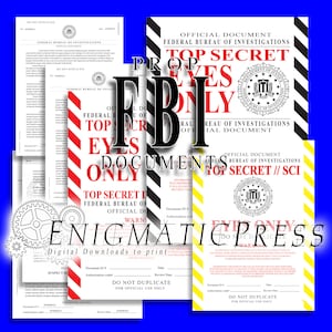 Puede incluir: Un conjunto de documentos imprimibles con un tema de "Top Secret". Los documentos presentan rayas rojas y negras, un borde rayado amarillo y negro, y el texto "Top Secret" y "FBI" en letras negras en negrita. Los documentos también incluyen el sello del Federal Bureau of Investigations.